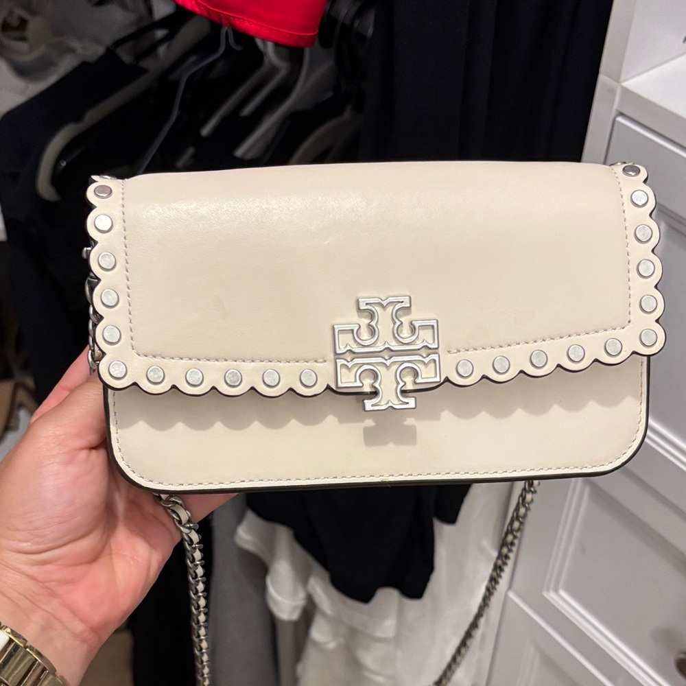 Tory Burch Ivory Crossbody Bag with Silver Accents